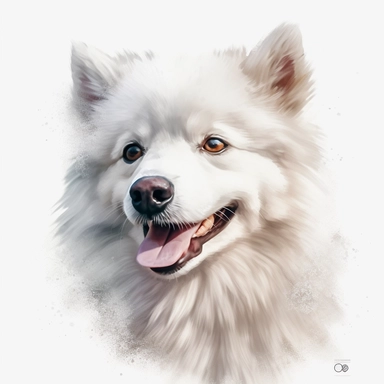 cute American Eskimo dog portrait, full face, centered shot, side shot, dynamically posed, in action, playful mood, happy mood, playing mood, cute face, adorable smile, childlike eyes, clean watercolor illustration, white background, nursery baby imagery, painting, detailed, 8k, PNG, clipart,