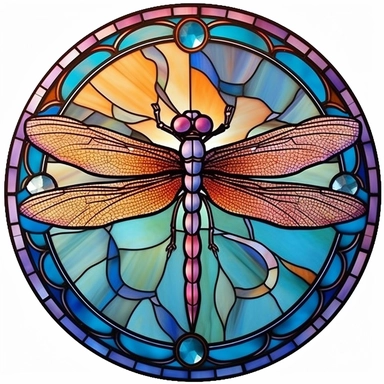 Vintage Cute Beautiful Colorful Round Faux Stained Glass Dragonfly Sublimation Clipart,Cartoon,hyper realistic, intricate detail, illustration style,high solution,on the white background