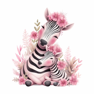 cute pink floral illustration, realistic adorable one baby cute zebra hugging his cute mom, happy clipart, nursery style clipart, nursery animal art, kids wall art, baby room decor, isolated on white, ultra - detailed, high quality, ghibli style, award winning