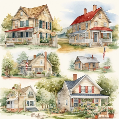 american Country HousesWatercolor clipart Pack, 8K, high resolution