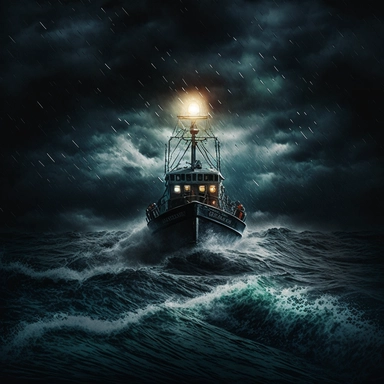 stormy, light from a flashlight from a boat at a distance, at sea, clipart