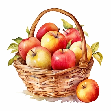 picturesque, simple, bright, the best simple Assorted apple in a basket in the world, clipart on white background, watercolor, painted by Beatrix Potter, 8k