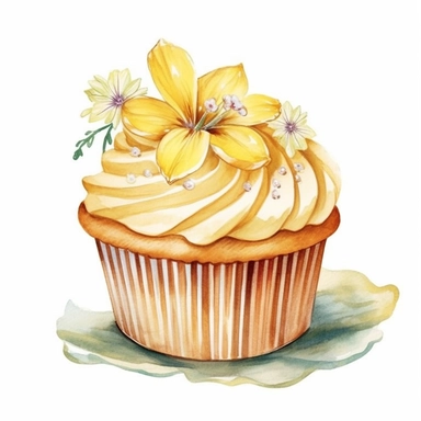 Design a clipart image of an banana cupcake in a watercolor style, with banana slices decoration and a topping. You can also add some colorful candy or chocolate chips to make it more attractive. You can add white flowers and green leaves to the design.