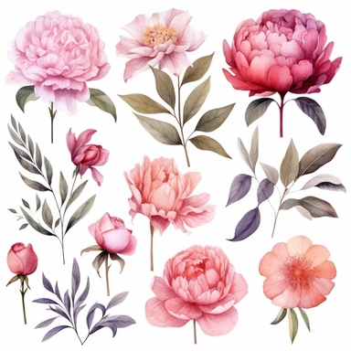Handpainted romantic set with watercolor peonies, flowers, roses and leaves.15 lovely clipart isolated.Perfect your project,greeting cards,wedding,Birthday cards,bouquets,wreaths,invitations,logos