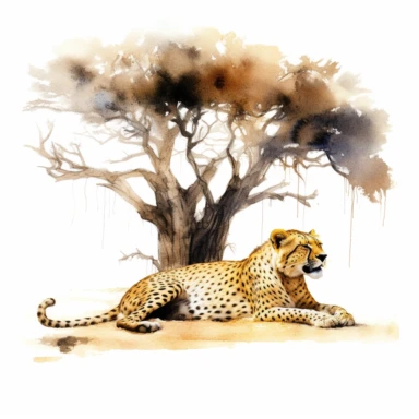 realistic watercolor cheetah taking a nap while yawning on a dry desert land with a huge tree under the shade on solid white background, clipart