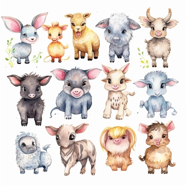 cutest little nursery farm animals with big eyes, full body, pen and ink with watercolor, pearlescent horn, sparkles, glittery, clipart sheet, nurseycore