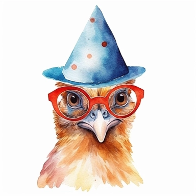 watercolor chicken clip art, sunglasses, birthday hat, in the style of whimsical storytelling, storybook illustration minimal, graphic illustration, matte colors, 2d flat, vector, transparent background