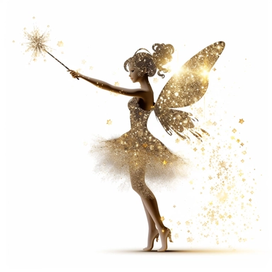 gold, glitter, shadow fairy, holding a a wand, 2 dimensions, clipart, white background