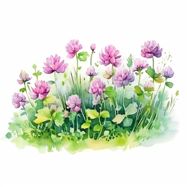 watercolor clover meadow, clipart, light ink, very detailed, white background, maximum saturation light bright colors, bright mood