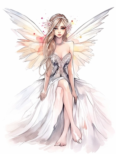 Watercolor cliparts with white background, young women fairy, she looks beautiful and pretty, she has long white colored wings and a super adorable gemstone crown, she is wearing very pretty makeup and has a white colored leg cut dress which also happens to be a ball gown, she has long hair that are put up in a bun, her hair are light blonde with very pretty platinum highlights, cute and adorable, flat design, clearly defined separated image, high quality