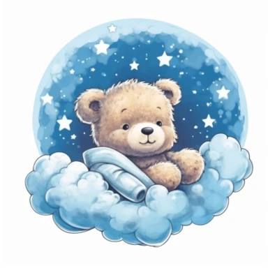 ultra detailed cute baby Teddy Bear taking a nap on clouds, Clipart, moon and stars on the background, super adorable