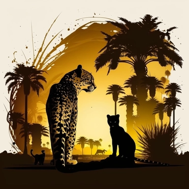 In square brush, brown, khaki, yellow, red colored Retro Sunsets, Abstract Gradient Background, palm trees, desert, front black silhouette leopard dad and baby facing each other Sublimation Clipart, white background, high resolution