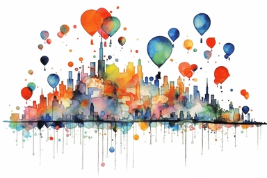 Watercolor, Generate an abstract cityscape with balloons as floating sculptures. clipart, hd, on a white background, spaced out
