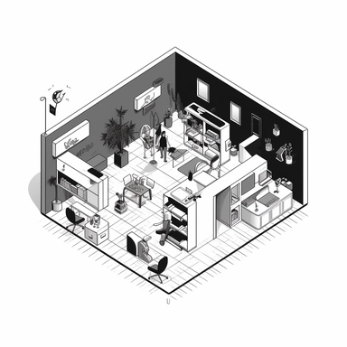black and white flat simple minimalist abstracted fun modern line-art clipart design illustration, isometric view of a single cube studio apartment with people's location with sensors and calendars