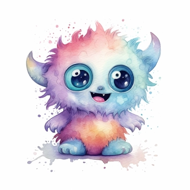 watercolour illustration, cute baby monster, big eyes, smiling, pastel, pale colourful, aquarrellist, clipart, isolated, white background,