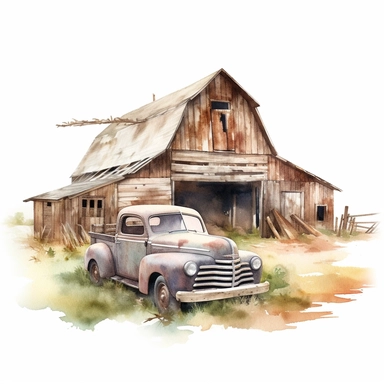 watercolor rustic farm barn with abandoned car clipart, white background