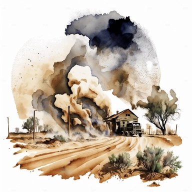 DUST BOWL BEGINS, ECOLOGICAL DISASTER UNFOLDS in 1935, in watercolor style clipart, darker tones, high contrast, white background