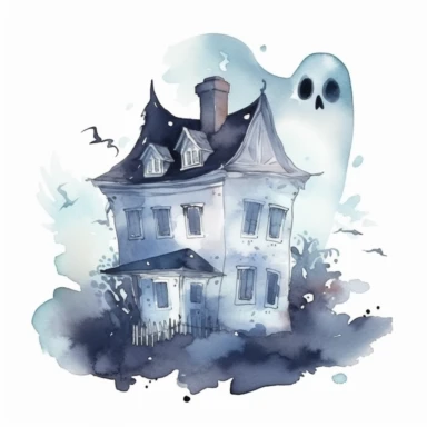 spooky haunted mansion with a ghost, Halloween night, cute and glamorous, watercolor, white background with margins, Clipart style