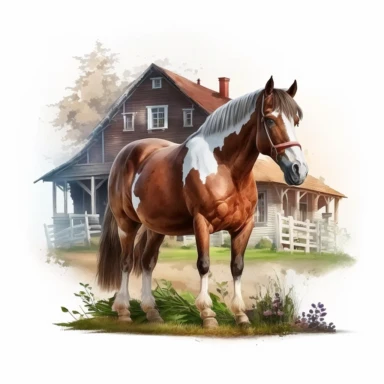 horse stand in the farm house, horse eating grass, watercolor, Western Clipart, Farm Animals, photorealistic. 4k, vector