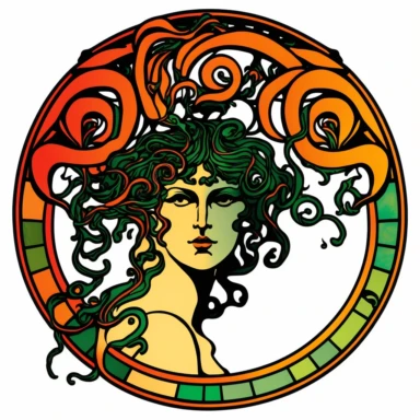Medusa, art nouveau, bright colours, clipart, centred, white background