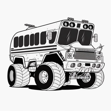 school bus monster truck : black and white line art, white background, flat, single image clipart style