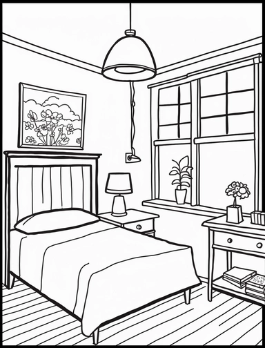 cute home bed room, black and white clipart coloring page, simple and clean line drawing, thin line art, proportionally sized, illustration style