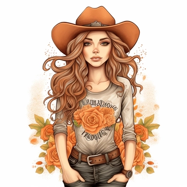 Just A Girl Who Loves Pumpkin Spice Cowgirl Png Sublimation Design , style by Lucy Fleming, watercolor, smooth gradients, black contour outline, ultra detailed, clipart elements, delicate pastel colors, solid white background, super clear, high quality