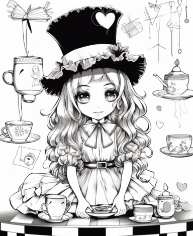 please create a black and white colouring page for kids of alice in wonderland theme with Alice, Mad Hatter, Queen of Hearts, in chibi, anime, mangaka, kawaii style drawing, vector, clipart, black ink only, on white background, no shading