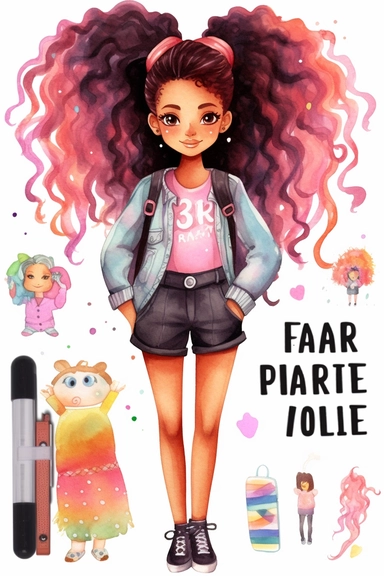 clipart set Cute illustration fashion black girl with colored hair back to school watercolor clipart, full body, Cute kawaii sticker