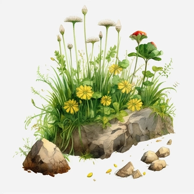 watercolor art of grass tuft with dandelions, bees, rocks, mushrooms, in the style of realistic and hyper-detailed renderings, sketchfab, ahmed morsi, realistic watercolor paintings, use of common materials, handcrafted designs clipart yellow and green with background removed