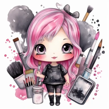 Watercolor funny create kawaii marbled black, silver, pink chibi with school supplies clipart, isolated