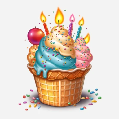 Generate a clipart image of a birthday cake with an ice cream theme. Incorporate elements like ice cream cones, scoops of ice cream, and colorful sprinkles to create a cake that resembles a giant ice cream sundae.