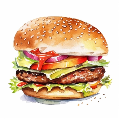 cartoon watercolored hamburger clipart, no text, white background