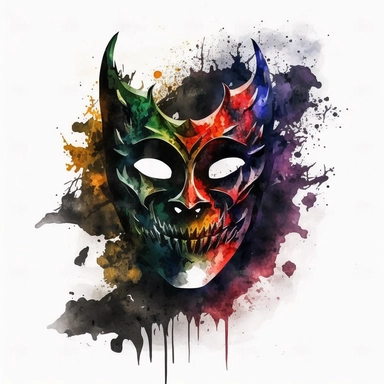 scary halloween mask watercolour tempera clipart illustration, vivid dark colours, clean, crisp, smooth, white background