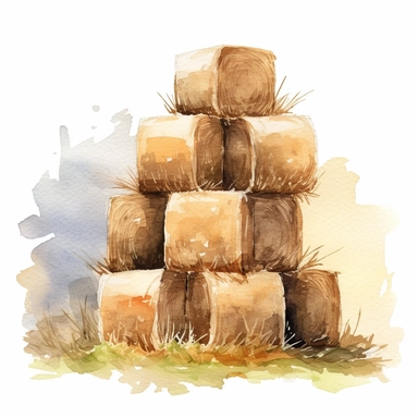 Illustrations of hay bales stacked in a field, representing the harvest season and the role of hay in animal feed, light watercolor, watercolor splash, few details, Studio Ghibli, clipart, white background