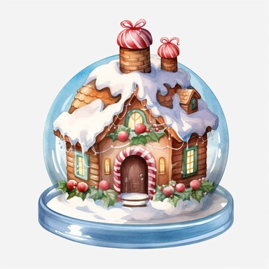 Christmas Gingerbread House Globe, lateral view, clipart, transparent background, clear background, high resolution, watercolor, vector, 12k, 300 dpi, 12: 12 ratio