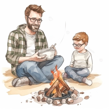 A father and son camping, sitting around a campfire and roasting marshmallows, Watercolor, Clipart, detailed, high resolution, transparent background PNG