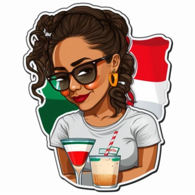 Pretty smiling Hispanic young woman with a t - shirth with the mexican flag, margarita drink, hair in a messy bun and sunglasses realistic cartoon style clipart sticker