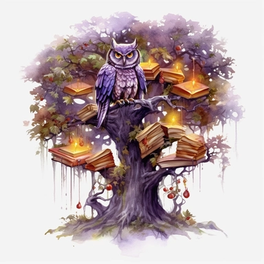 Watercolour dark fantasy black royal gothic deadly nightshade tree stood with dark magic books with deadly nightshade lanterns magnificent gothic owl stood on tree with mesmerising compelling features perfect magnificent detailed wings beautiful compelling realistic eyes PNG image ultra highly detailed, 18k, sharp focus, bright photo with rich colours digitally enhanced, enhanced graphics, straight, sharp focus, bright lighting, intricate detailed png image ,high definition,300dpi,graphic clipar