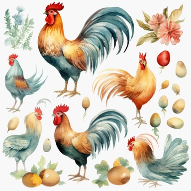 An endearing watercolor Hen bird clipart of Hen bird playing with elements 300DPI