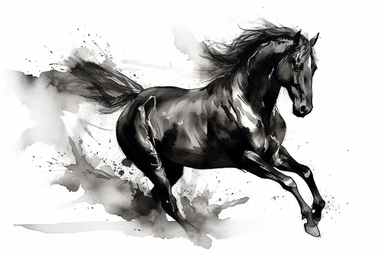 black modern ink sketch of a galloping horse on white background, clear margins to the sides, clipart