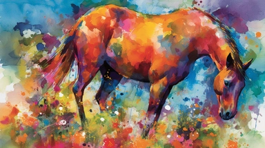 A vibrant watercolor of a single horse rendered as a digital clipart, drawing inspiration from the bold, expressive blooms found in Emil Nolde's garden paintings, featuring a vivid color palette that captures the flowers' natural radiance, illuminated by bright, contrasting light that emphasizes the rich, saturated hues and dynamic brushwork, and composed using an organic, free-flowing layout that conveys a sense of movement and growth.