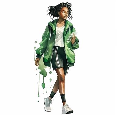 watercolor, black woman dressed up in harry potter slytherin clothing, green and black tennis shoes, style of mary blair white background, clipart