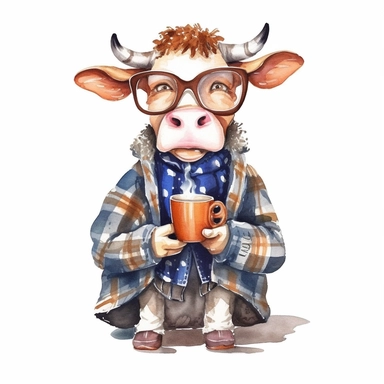 hand drawn cartoon cow wearing clothes, drinking coffee and wearing glasses, very detailed and realistic, watercolor, white background with margins, clipart style