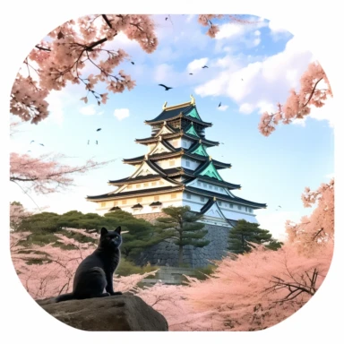 cherry blossoms laden on Osaka Castle Bottom, Siamese Cat wearing a Japanese kimono, sunset. Clipart Watercolor By Yuzo Komori. clean line, white background & space around. Bottom view