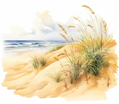 watercolor of the beach and dune clipart, in the style of nature-inspired imagery, hand-drawn animation, uhd image, bec winnel, lush and detailed, layered composition, jacek malczewski, white background
