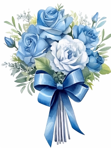 vintage beautiful victorian shabby chic blue roses bouquet with ribbon bow on white background, blue theme, watercolor illustration, clipart