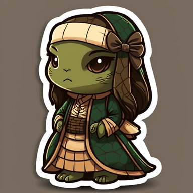 small cute anthropomorphic Chibi turtle animal, dressed like a woman, wearing dress, clipart, in sticker style, in comics style, cell shading