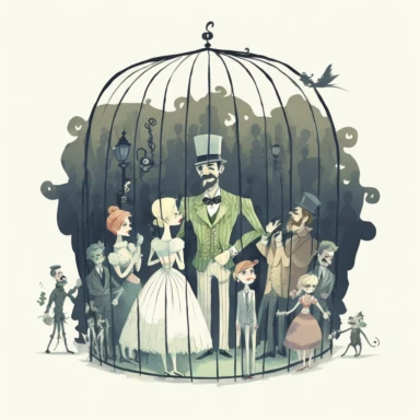 a circus barker with top hat and handlebar moustache introduces a captured caged elf to the crowd, the style of Ryo Takemasa, xuan loc xuan, Lisa Audit, Anastasia Suvorova, Jon Klassen, greg tocchini, separated isolated single of Complex Epic ghibli trolls and pirates, spooky, colorful, white background, magical, fantasy, vector, clipart, elaborate, ultra-detailed, best quality, well composed, vibrant color tone, trending on artstation, elaborate, cinematic lighting, vibrant colors, high definit