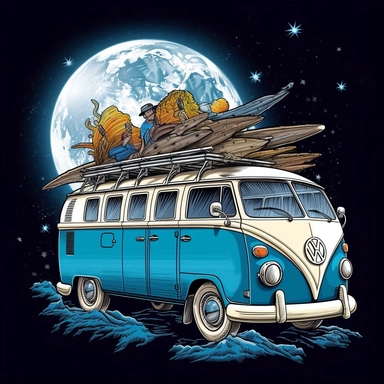 Create a mesmerizing image of a van navigating through a mystical wave, surfboards poised for action, with a magical full moon casting its luminous glow, contrasting beautifully against a white canvas, mystical, illustration style, white background, clipart, PNG pure white background, high resolution, hyper detailed, best quality, high detailed illustration